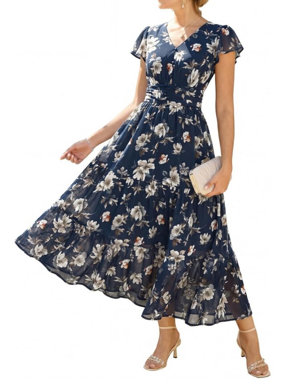 Women's Navy Blue With White Flowers Short Sleeve Floral Formal Flow Maxi Dress